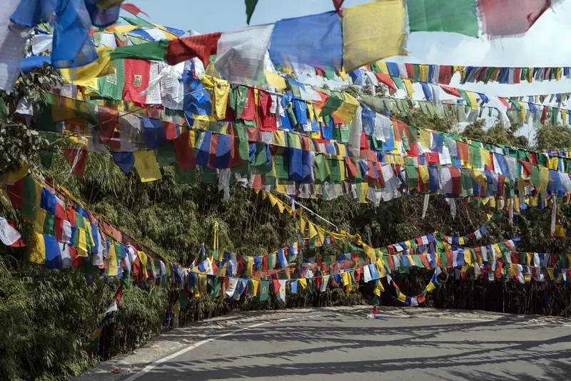 Prayer flags strung across the road to Tiger Hill, Darjeeling